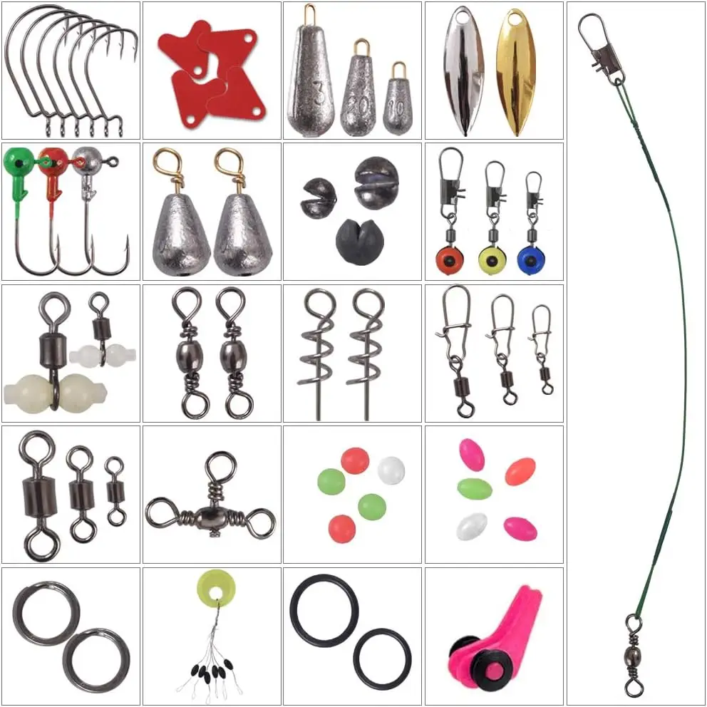 188PCS Fishing Accessories Kit, Jig Hooks, Bullet Bass Casting Sinker Weights,, Fishing Set with Portable Tackle Box