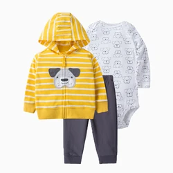 Best prices boy newborn cute Zip jacket Hooded long sleeve coat romper pants winter 3 pieces set baby clothes