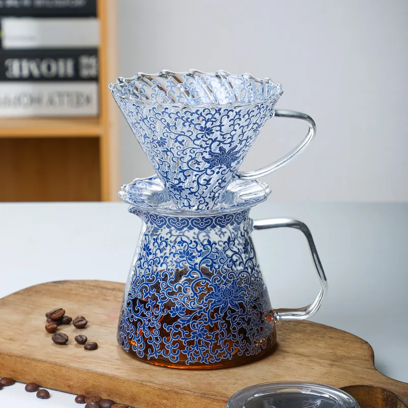 Новый продукт синий и белый фарфоровый стеклянный кофейник набор для промывки кофе капельного типа
