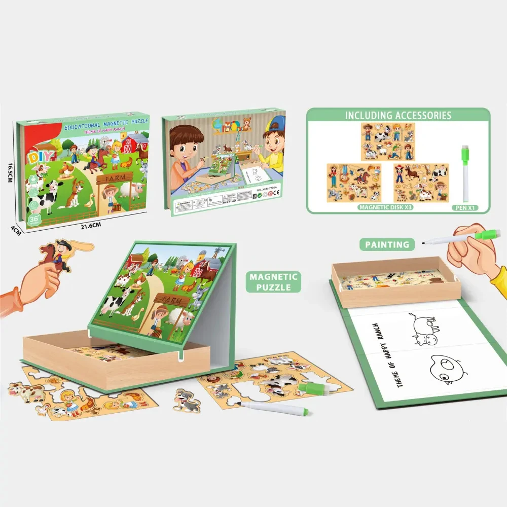 Kids Educational Magnetic Puzzle Toy Kit Baby Enlightenment Drawing Board Puzzle Game Toy DIY Assemble Dinosaur Series Toys