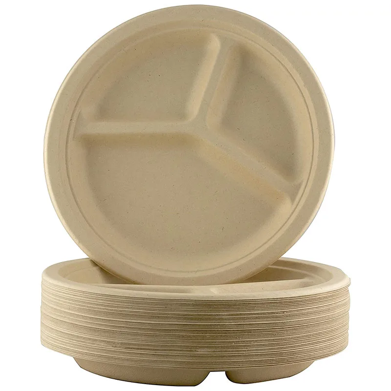 Eco-Friendly 100% Compostable 10 Inch 3 Compartment Sugarcane Bagasse Round Dinner Heavy Duty Plates for BBQ Party Christmas