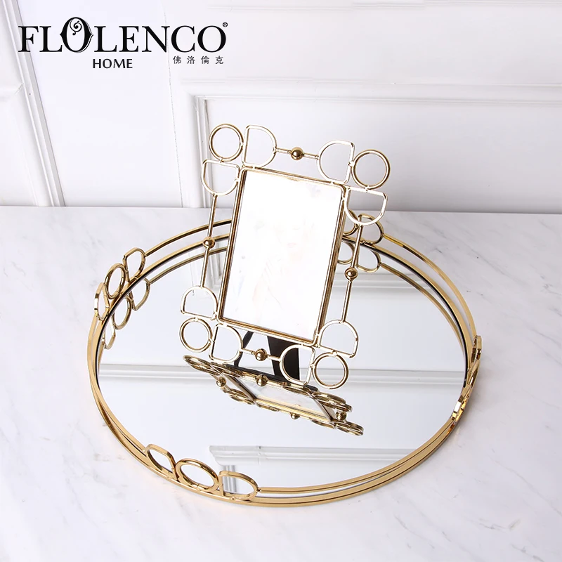Modern Arabic Golden Metal Mirror Perfume Decorations Home Luxury Glass Mirror Tray Gold For Coffee Table
