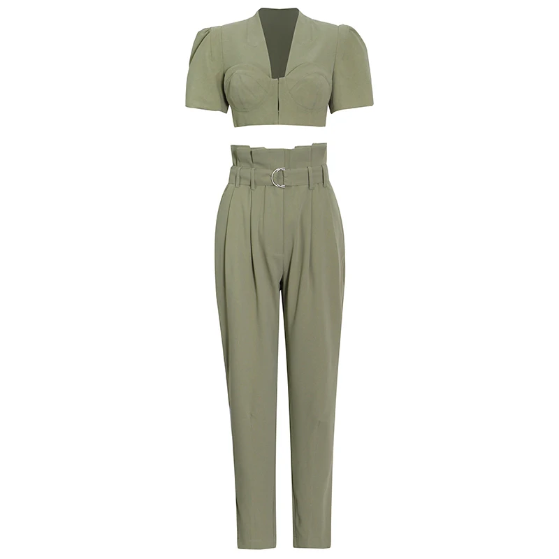 
ONEINALL V Neck Short Sleeve Tops High Waist Harem Pants Solid Sets Female Fashion 2021 