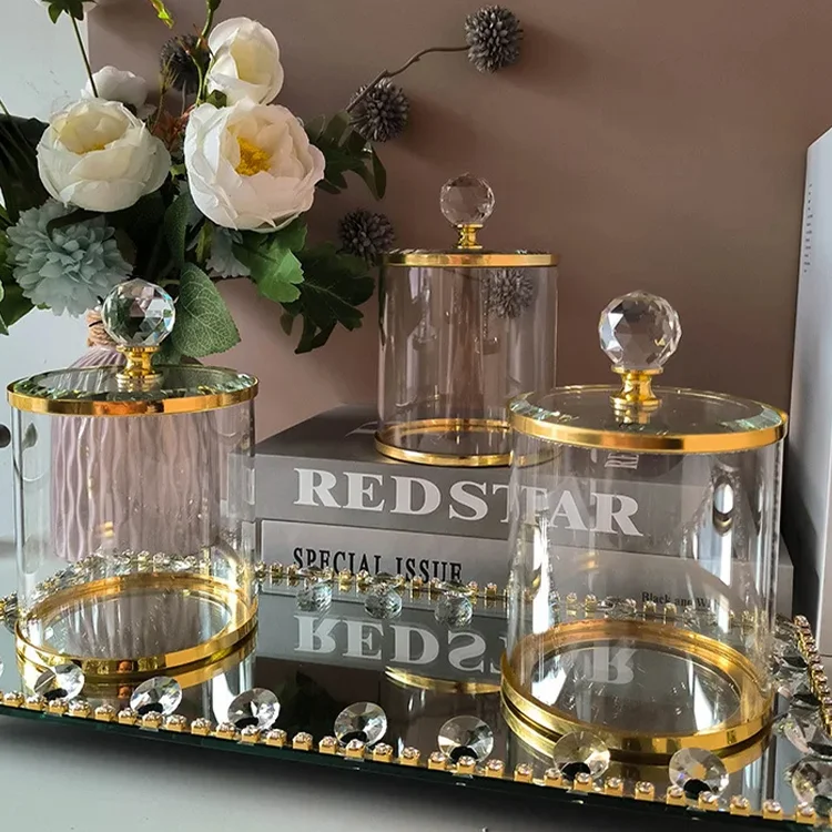 Creative  Gold Transparent Glass Candy Jar Multifunctional Crystal Glass Bottle Storage Jar Decor