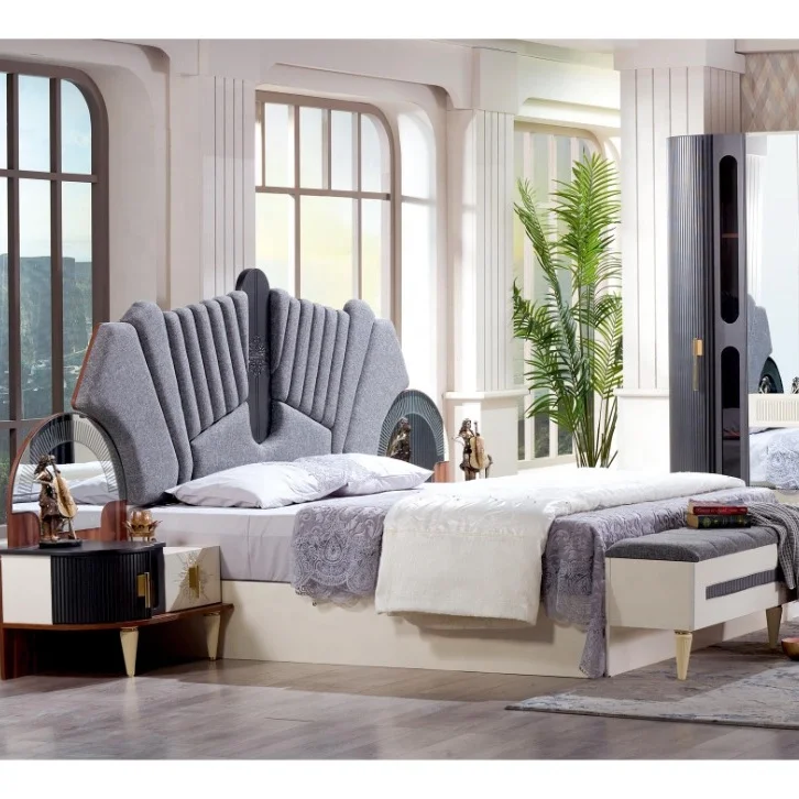 Imperator wedding bedroom set king size bed with storage lighted headboard mirrored dresser Turkish furniture