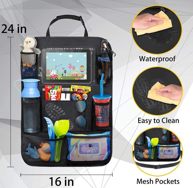 High quality universal car kick mat back seat protector backseat storage bag car seat organizer with touch screen tablet holder
