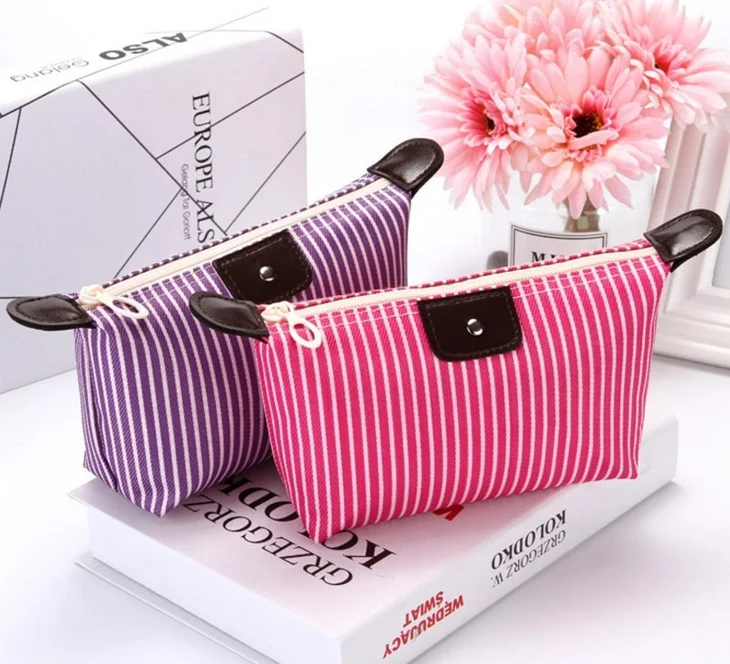 Cheap PU Leather Travel Bag Women Fold Organizer Stripe Promotion Cosmetic Bag Toiletry Pouch Portable MakeUp Female Wash Case