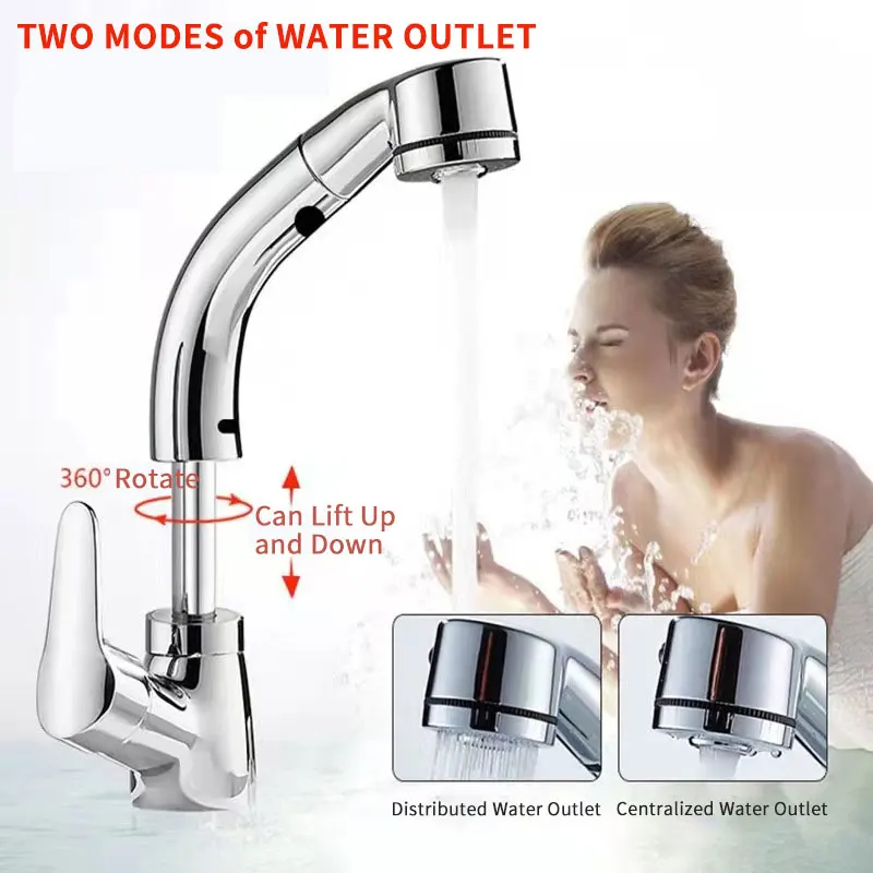 Height Adjustable Expandable Single Handle Basin Kitchen Sink Faucet With Pull Out Sprayer