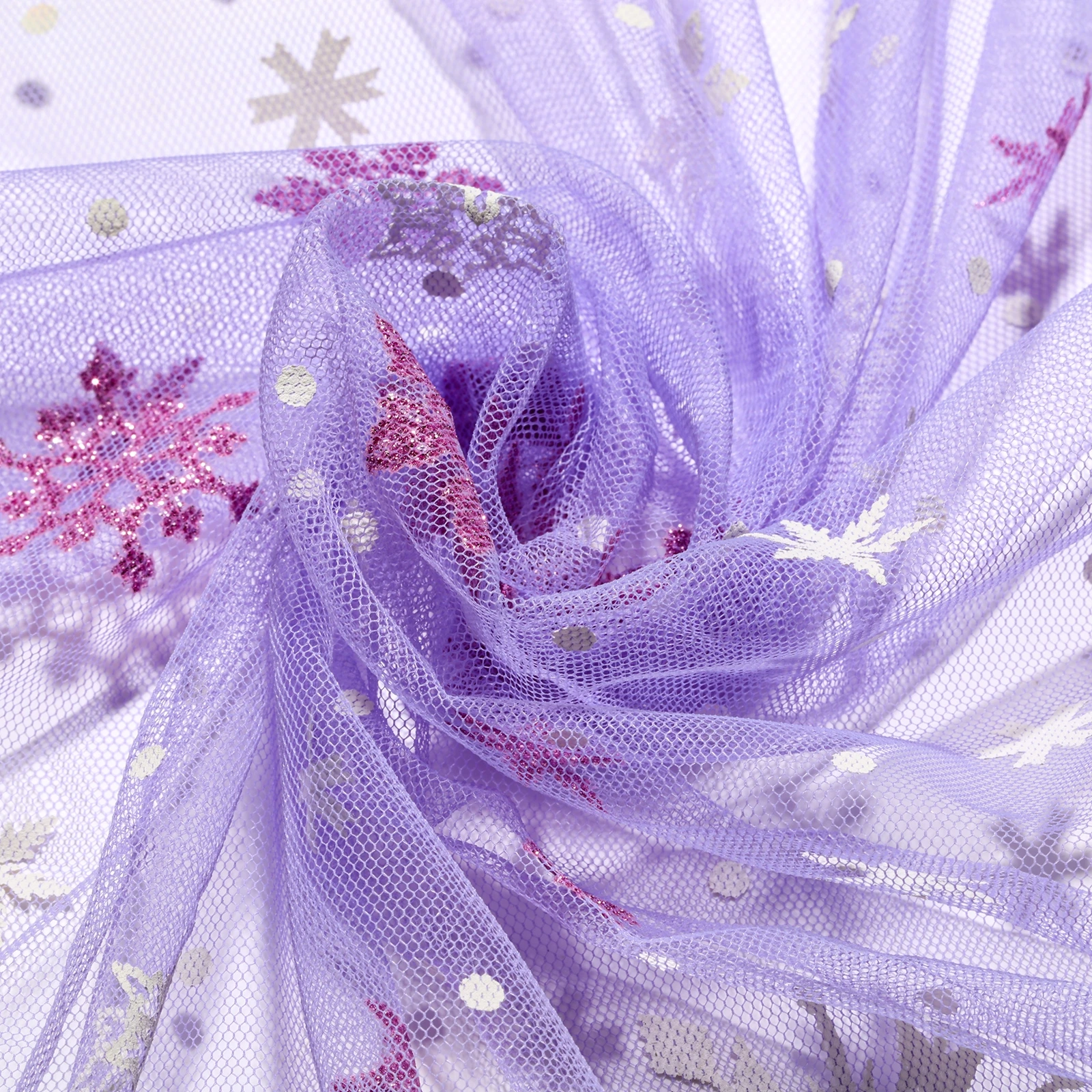 Hot sale high quality nice design purple snowflake printed tulle mesh fabric for wedding dress ect