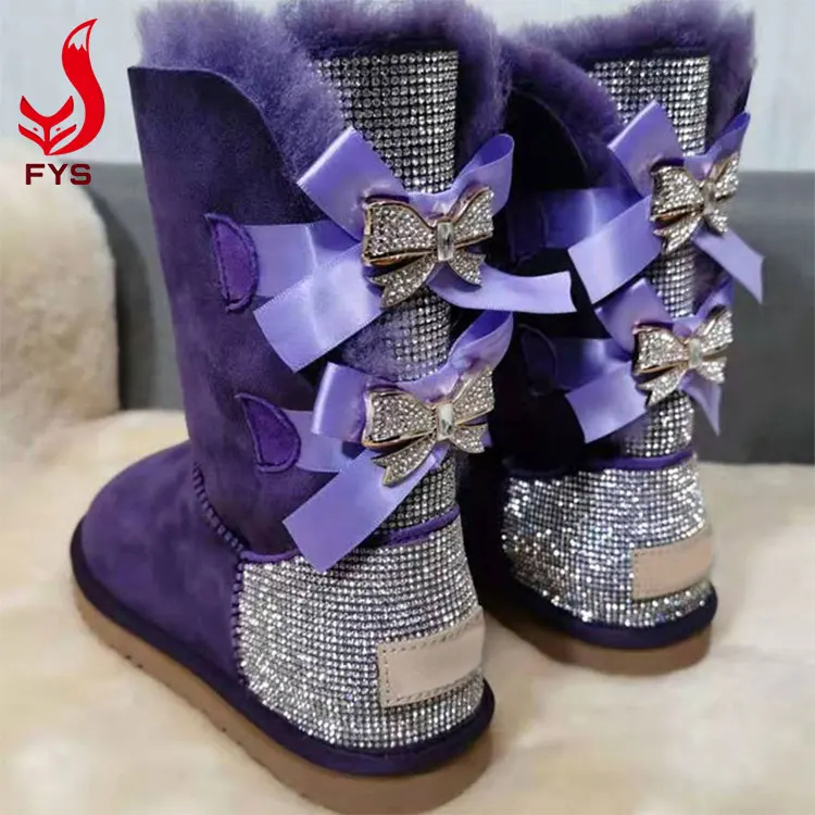 
Wholesale fashion rhinestones bling bling winter fur snow boots women with 2 or 3 bows 