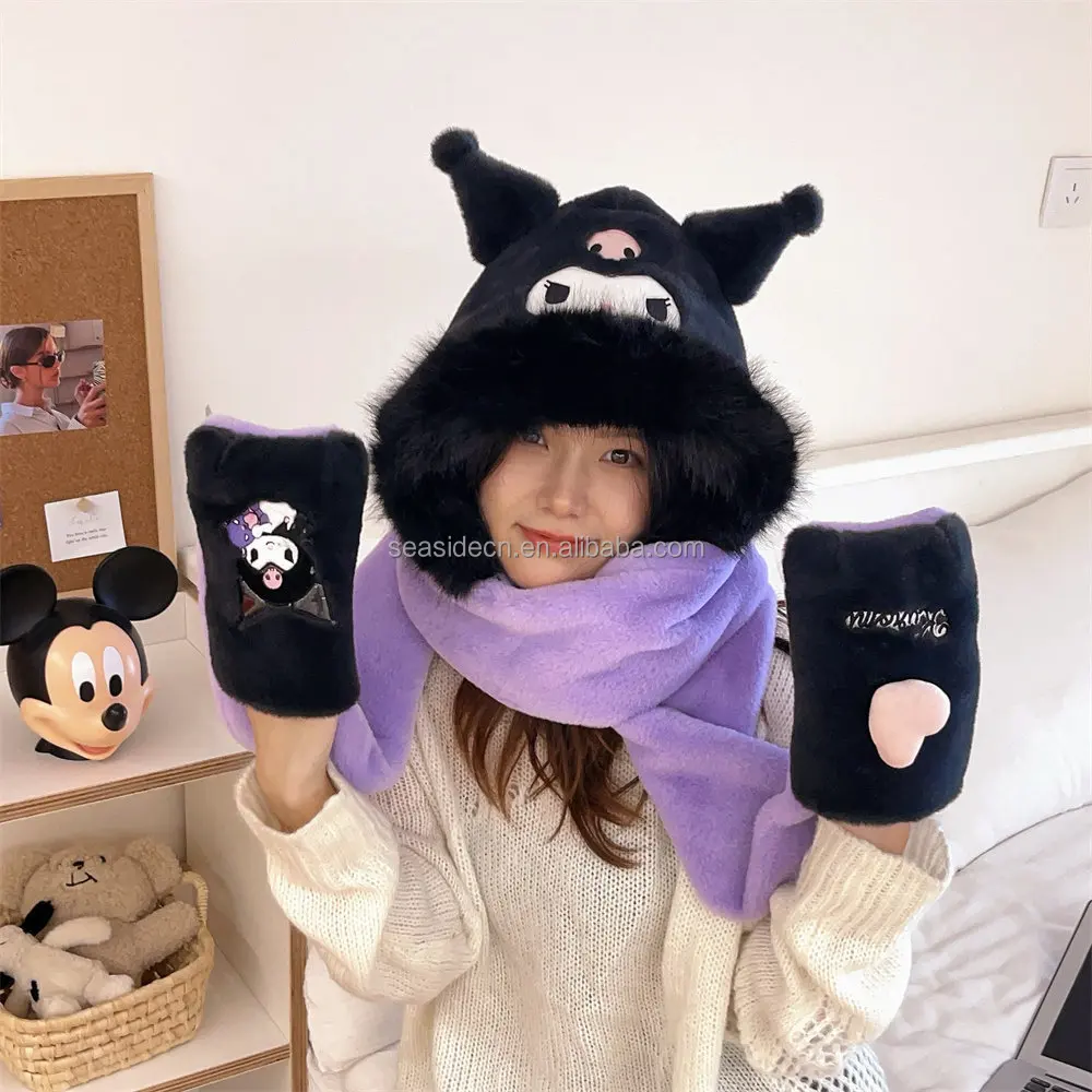 New Design Fashion Hello KT 3 in 1 Hats Scarf Gloves Soft Outdoor Winter Warm Women Girl Sanrioed Kuromie hats