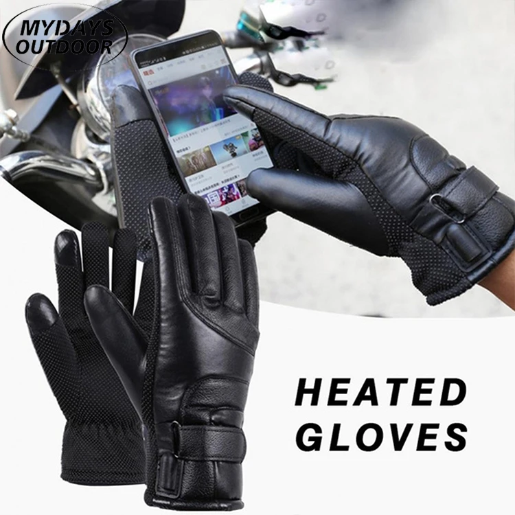 Mydays Tech Full Finger Touch Screen Leather Waterproof Heated Riding Gloves Outdoor Sports Heating Gloves Bicycle Glove