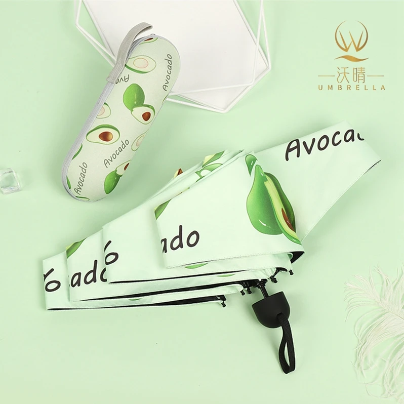 Women Black Three Folding Sun And Rain Umbrella Sun Avocado Bear Printed Gift Umbrella