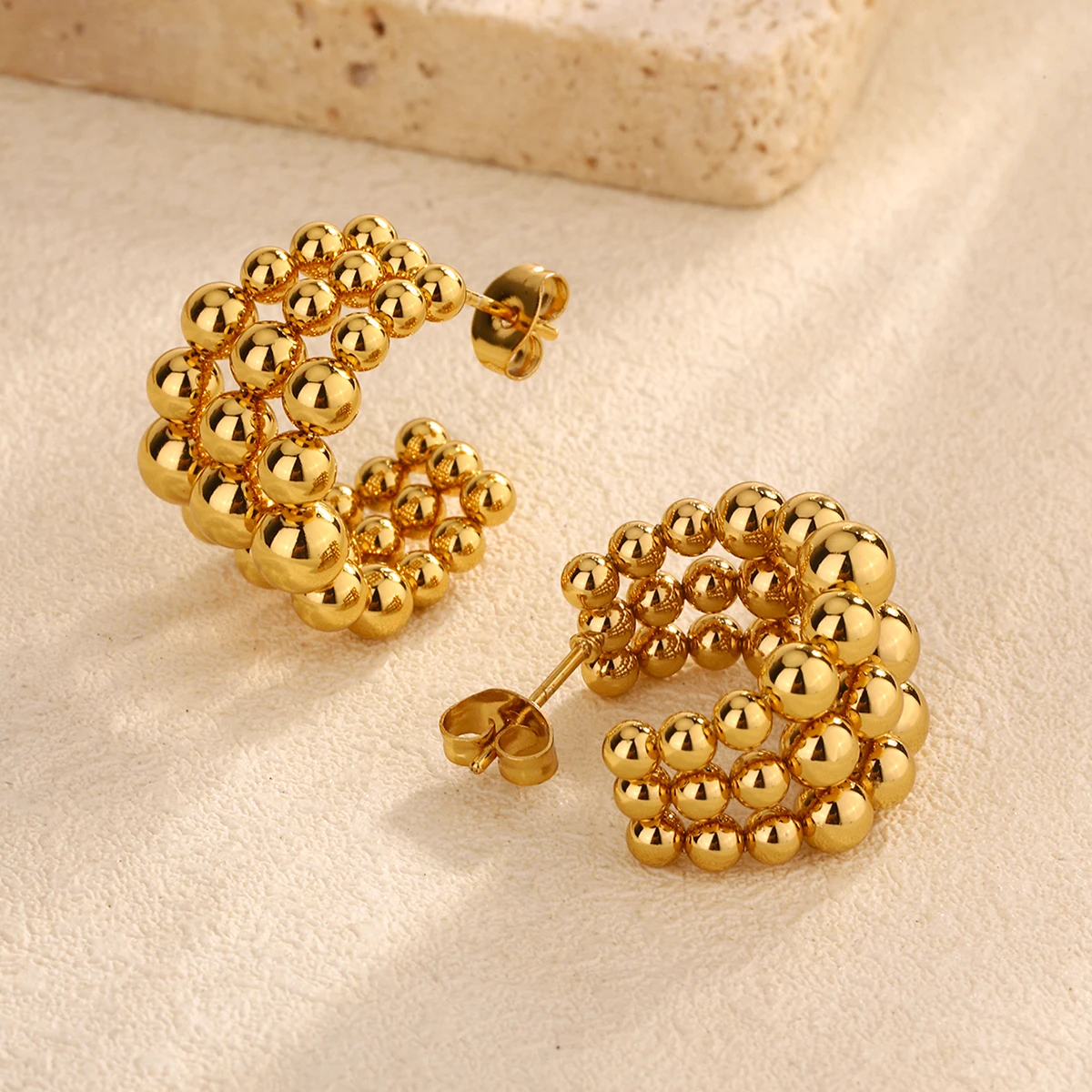Hot Sales Wholesale C-type Semi-round Three-layer Steel Ball Splicing Stainless Steel Plated Gold Earrings