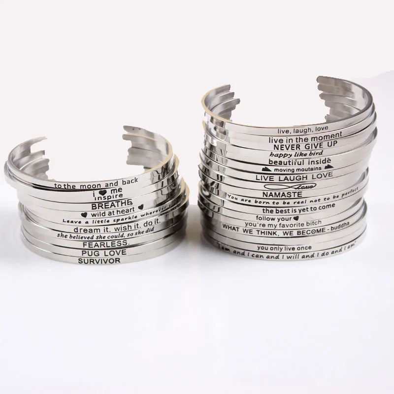 High Quality Custom Personalized Inspirational Stainless Steel Positive Inspirational Quote Engraved Cuff Love Bangle Bracelet