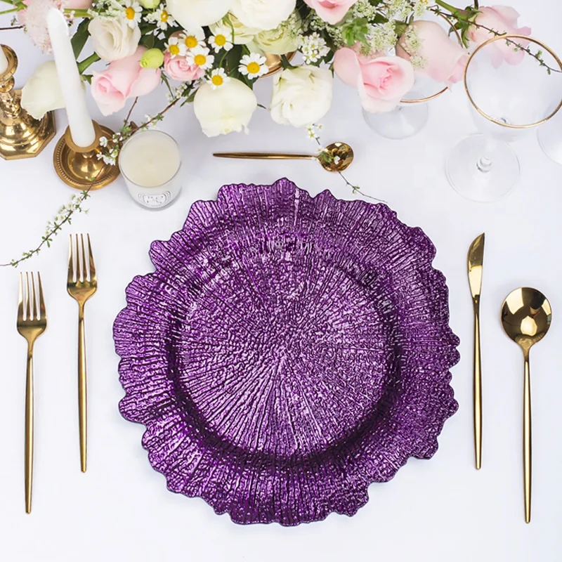 wavy plastic purple pink rose gold beaded white black charger plates new wedding and restaurant decoration charger plate wedding