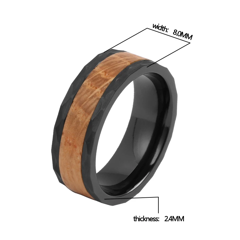 8mm brushed hammered with whiskey barrel wood titanium ring for men zirconium ring black ring jewelry