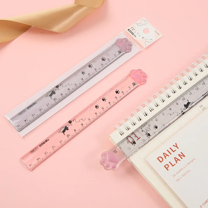 Cute Cat Paw Shape 6 Inch  Small Ruler Plastic Ruler Straight Ruler Plastic Measuring Tool for Student School Office