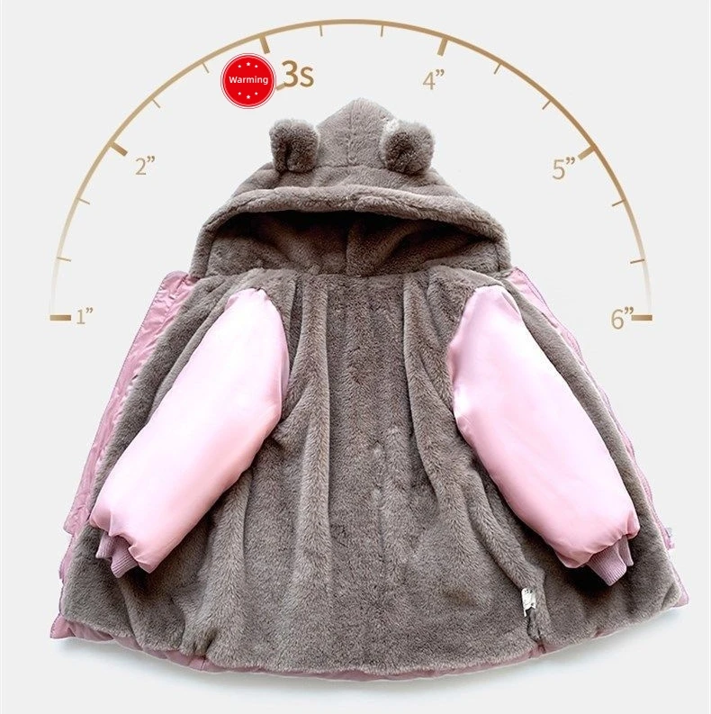 Winter Fashion Solid Color Casual Style Padded Thick Fleeced Animal Coat Warm Outerwear Jacket for Babies Girls