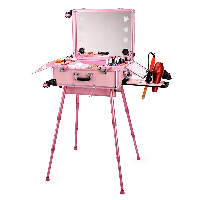 Чемодан на колесиках для макияжа из алюминиевого сплава с лампой для парикмахерских, татуировок, инструментов для дизайна ногтей, Универсальный светодиодный Профессиональный кейс для красоты