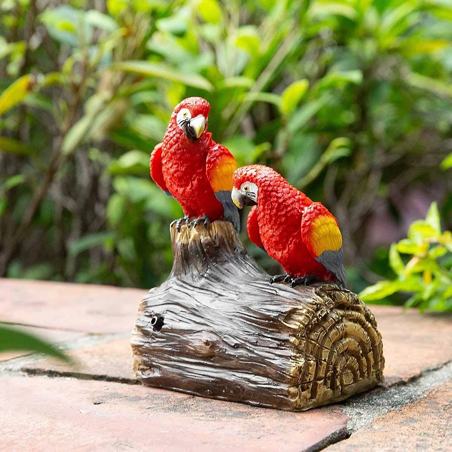 Garden Statues Red Sensor Parrots Decorative Resin Liberty Singing and Chirping Birds for Patio Lawn Yard Home Garden in Office