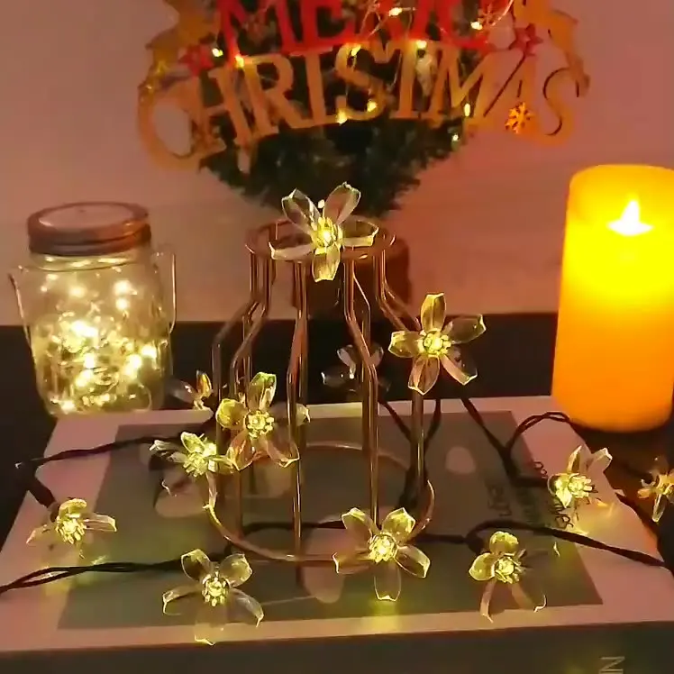 Solar Flower String Light Outdoor Waterproof Cherry Blossoms LED Fairy Lamp for Christmas Tree Garden Patio Fence Yard