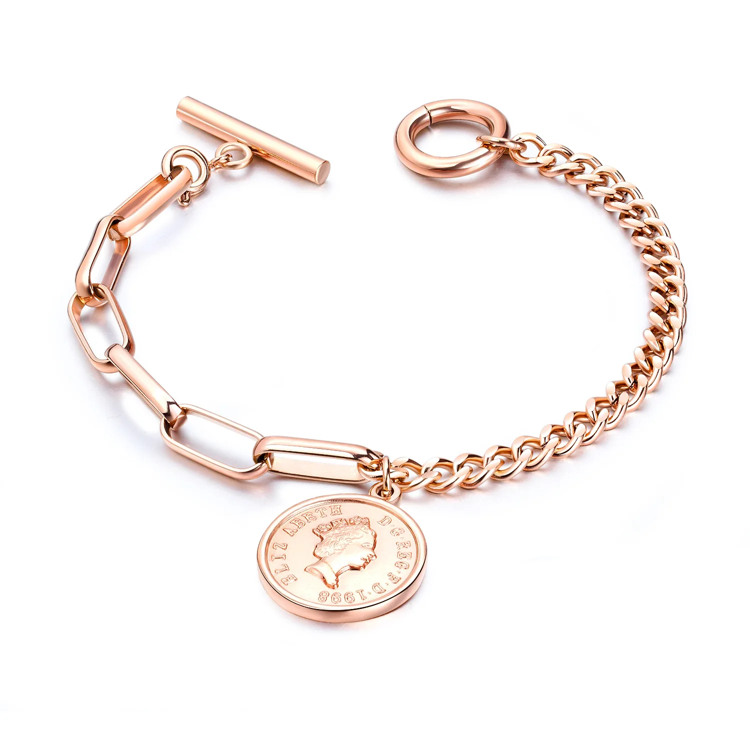 Stainless Steel Jewelry Vintage Human Head Round Medal Bracelet Rose Gold Plated Ladies Bracelet Elizabeth Coin