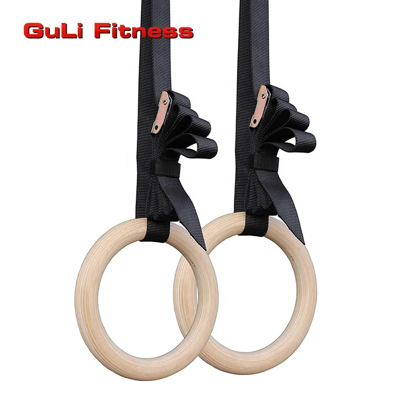 Guli Fitness Wooden Gymnastic Rings with Adjustable Cam Buckle Straps Pull Up Exercise Rings for Home Gym Body Workout