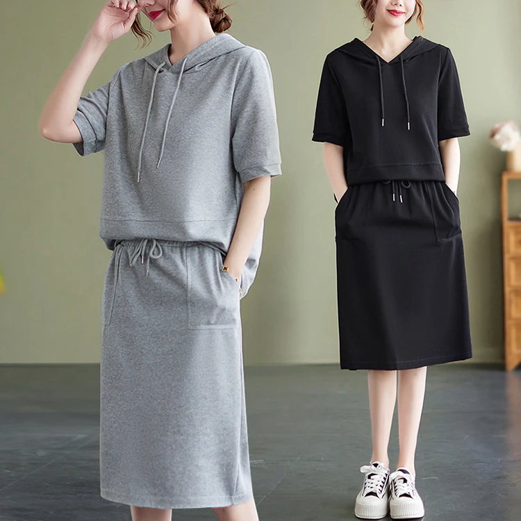 clothing manufacturer wholesale custom best quality gray tracksuit women short sleeve t shirts hoodie set with skirt for usa