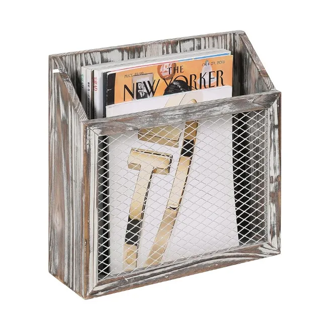 Hot Sale Torched Wood Wire Design Wall Mounted Mail Sorter Newspaper Rack  Office Magazine Rack