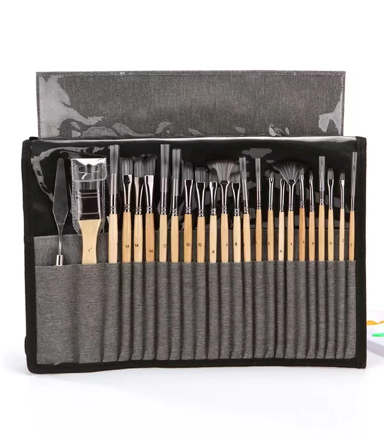 24pcs professional nylon hair wooden handle watercolor gouache oil painting brush pen with canvas bag