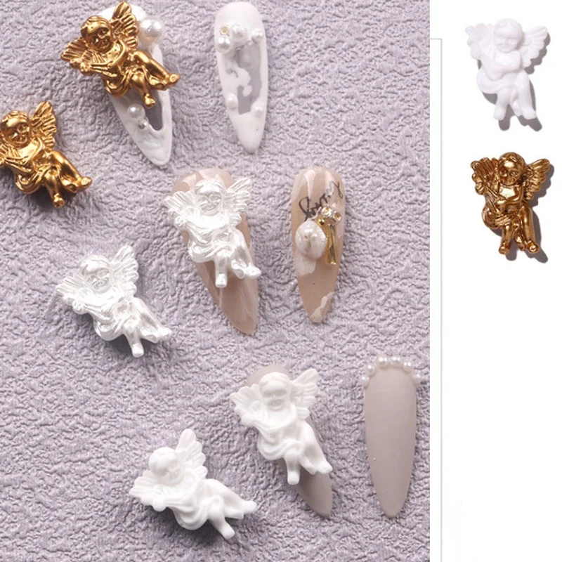 Qianya Wholesale 3D Resin Gold Silver Pearl White Angel Nail Art Decoration Baroque Angel Baby 3D Nail Charms