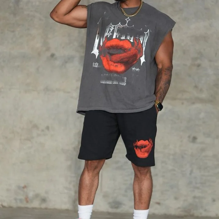 Vintage Sweatsuit Set Men Mens Top Track Suit Muscle Tee Shirt Short Set