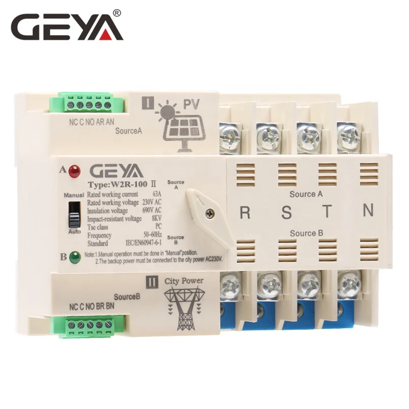 Новый автоматический переключатель GEYA на Din-рейку для солнечной энергии 4P 63A AC 220 В W2R ATS