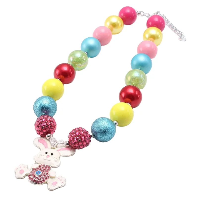 
Kids Easter Jewelry Girls Cartoon Little White Rabbit Pendant Necklace Children Chunky Beads Necklace for Party Gift 