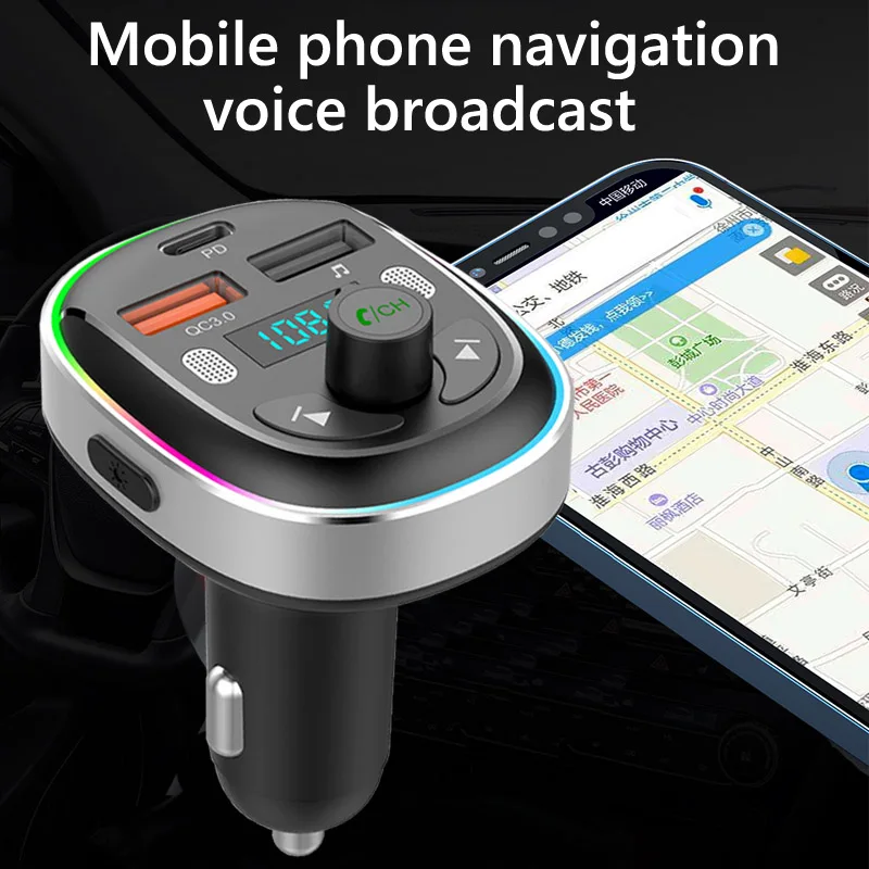Qc3.0 Pd 30W Fast Charging Usb Car Charger Colorful Light Wireless 5.0 Handsfree Car Kit Fm Transmitter Pd Car Mp3 Player