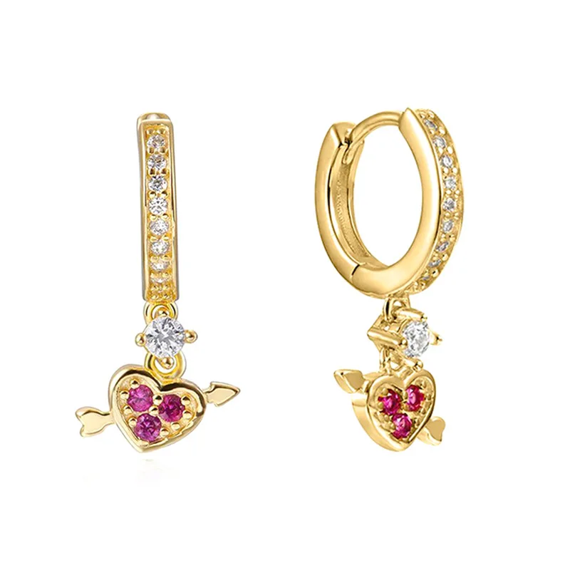 925 Gold Plating Jewelry For Women Zircon Cute Heart Arrow Drop Fine Sterling Silver Hoop Earrings