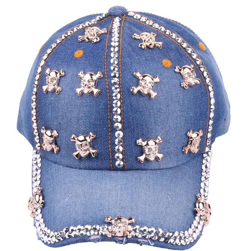 Custom Distressed Denim Cotton Bling Stones Studded Rhinestone Jeans Sports Baseball Hat Cap Sparkle Bling Skeleton Hat