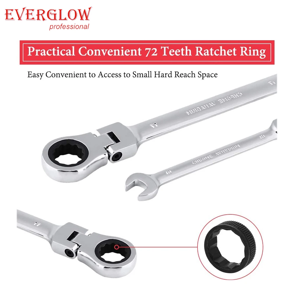 7 Piece Combination Flexible Metric mirror Ratchet Spanner Set Adjustable Head 72 teeth range  8 mm-19m with holder
