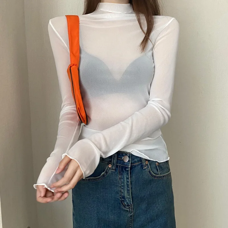 Underlay shirt for women, new layered long sleeved transparent mesh top
