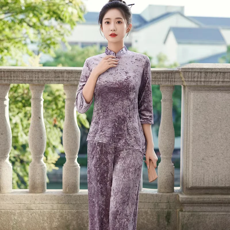 Warm And Comfortable Adults Autumn Winter Mother Dress Two Piece Golden Velvet Suit