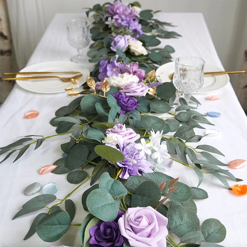 Wedding Decor Table Runner Artificial Silk Rose Eucalyptus Garland for Wedding Decoration