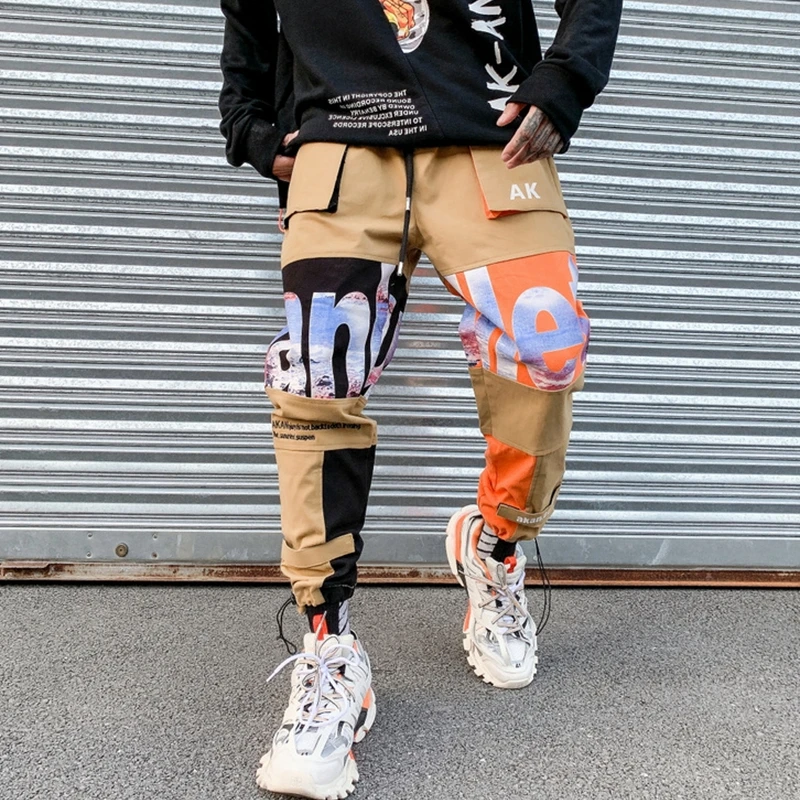 
High Street HIP HOP Letter Printed Splicing Men Khaki Baggy Pants Mens Baggy Chino Trousers Pants Wide Hips Pants 