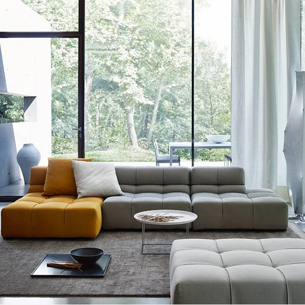 wholesale furniture tufted corner sleeper couch, chaise modern Italian design leather beige sectional modular sofa