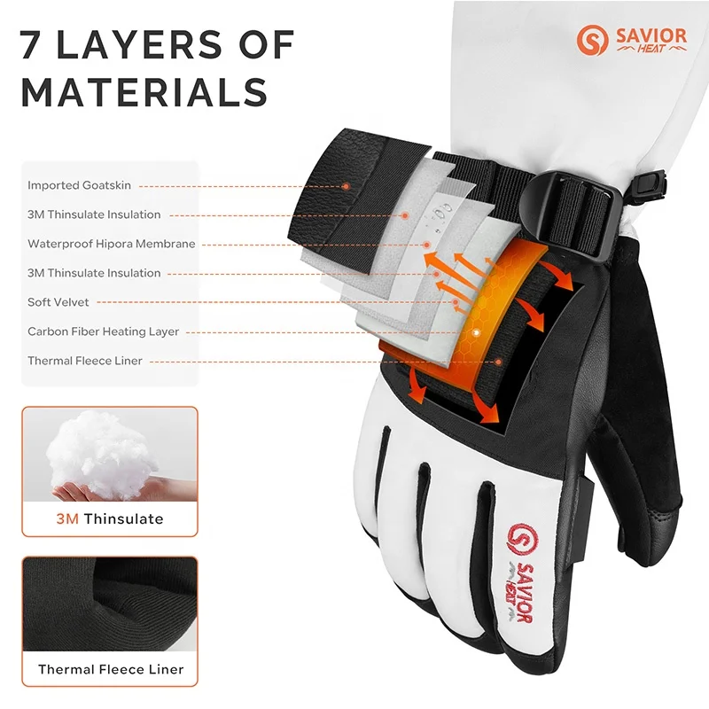 SAVIOR High Quality Goat Leather Waterproof 7.4V 3000mAh Rechargeable Battery Winter Touch Screen Heated Ski Leather Gloves Men