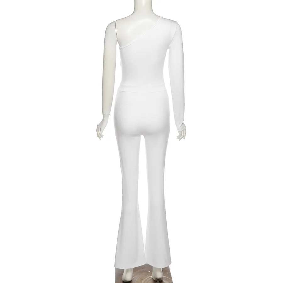 HO 2024 Solid One Shoulder Hollow Out Wide Leg Pants One Piece Jumpsuit Women