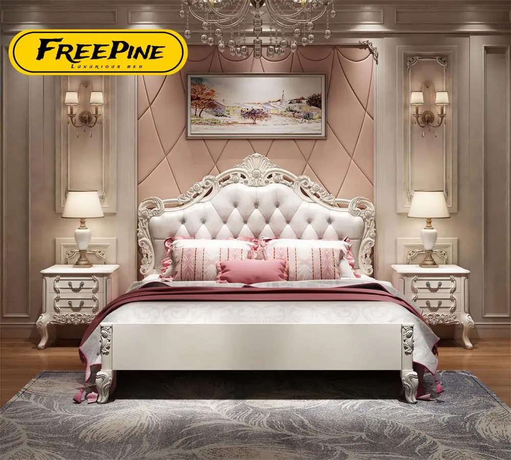 European Style White Leather  Luxury Soft wood Bed  Leather king Bed Simple double bed