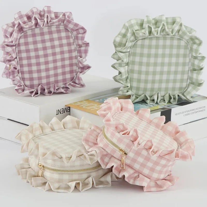Custom Logo Mult Portable Travel Storage Gingham Plaid Ruffle  Pouch Zipper Cosmetic Accessories Makeup Organizers Make up Bag
