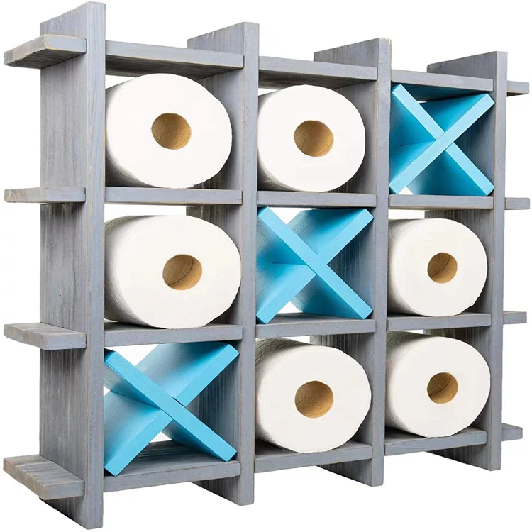 Rustic Wooden Toilet Paper Holder Tic Tac Toe Design for Wall Mounted or Freestanding Bathroom Tissue Roll Storage Organizer