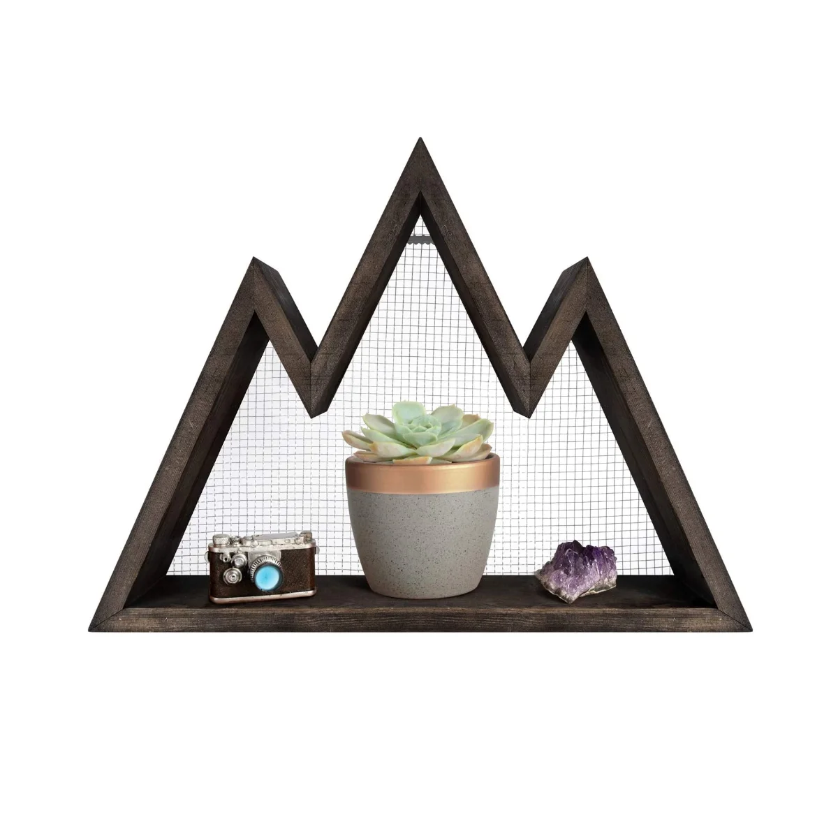Wholesale triangle wall art geometric decor wooden crystal display shelf mountain shelf